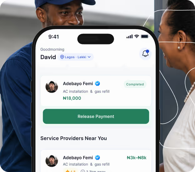 Screen of a service payment app showing AC installation by Adebayo Femi and release payment button.